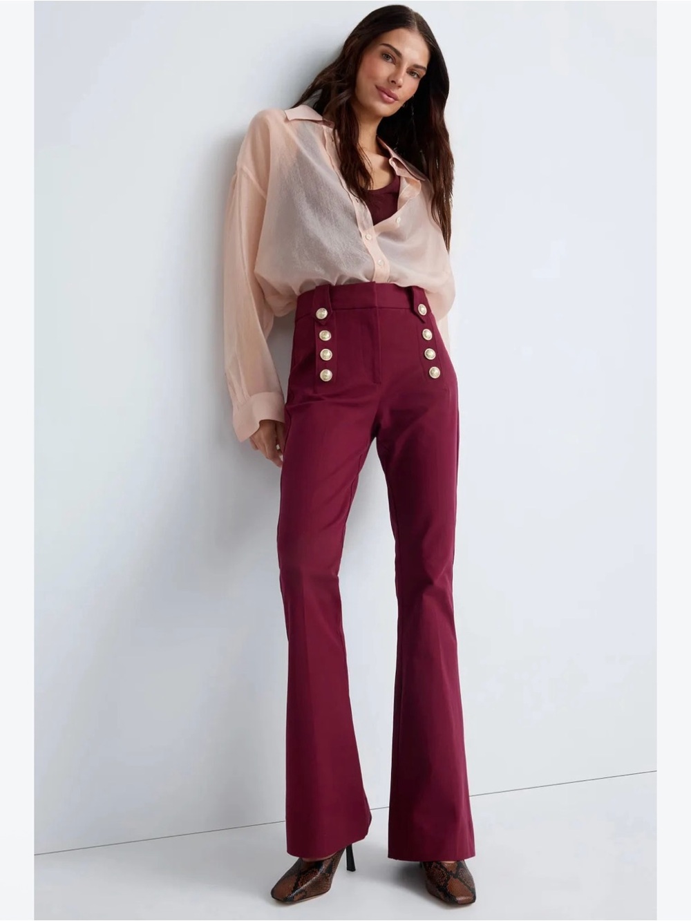 Derek Lam 2 Crosby Burgundy High Rise Flare Pants Gold Buttons